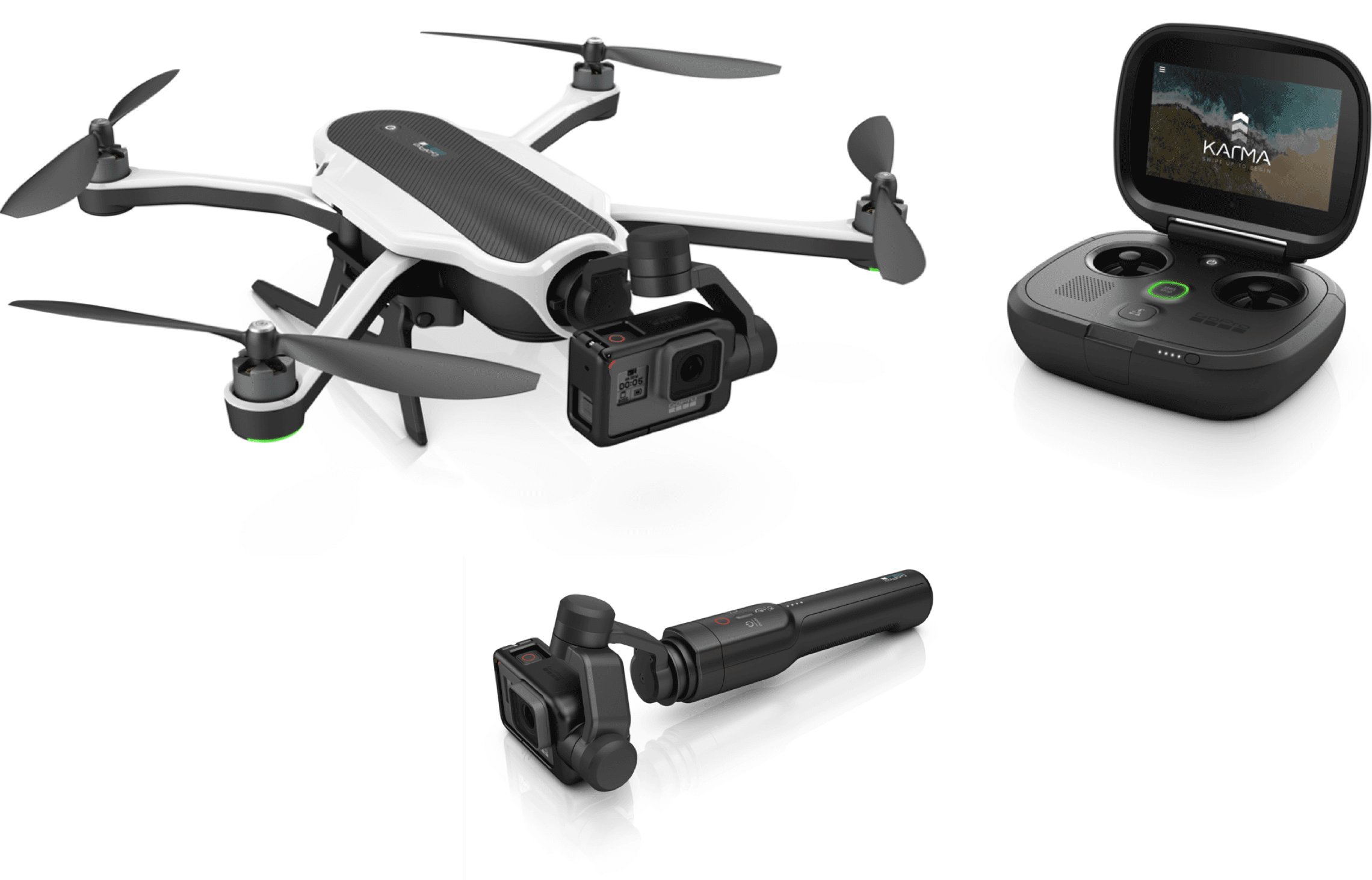Karma drone, controller, stabilizer, and grip